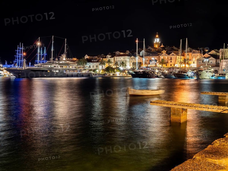 Ships in the harbour, night shot, Korcula, Korcula Island, Dalmatia, Croatia, Europe