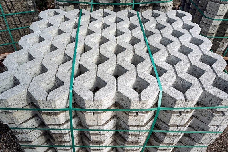 Stacked paving stones lawn grid concrete grey, Allgäu, Bavaria, Germany, Europe