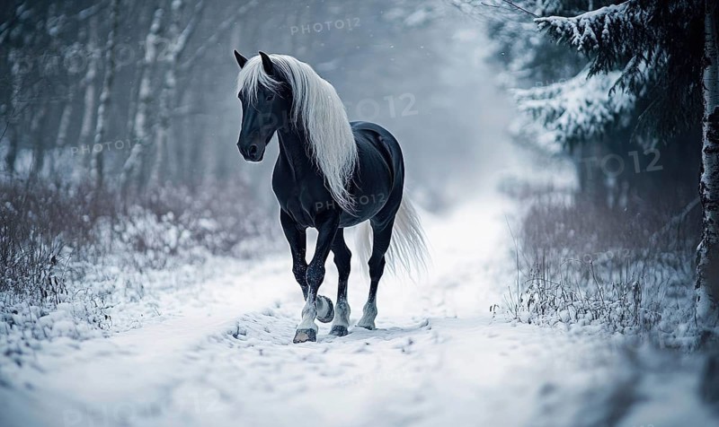 A black horse with white mane and tail is walking on a snowy path. Concept of calmness and serenity, as the horse moves gracefully through the winter landscape AI generated