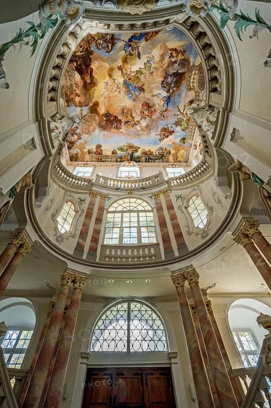 Ceiling fresco in the Baroque staircase from 1723, Wurzach Castle, Bad Wurzach, Allgäu, Baden-Württemberg, Germany, Europe