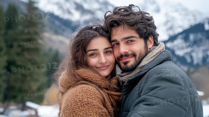 Couple in scenic snowy location, dressed warmly, radiating natural beauty and connection, AI generated