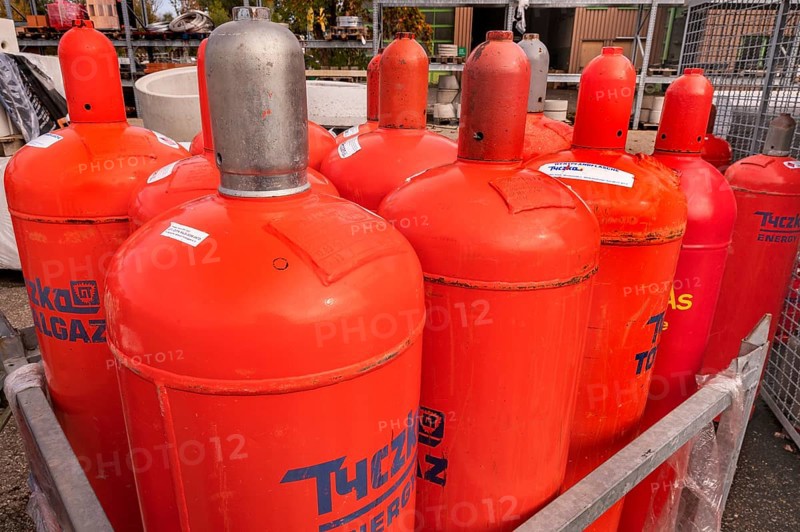 Red gas cylinders from Tyczka Energy, Allgäu, Bavaria, Germany, Europe