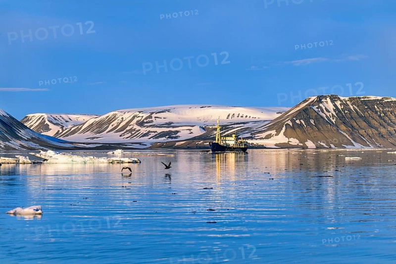 Ship in a bay at the coast in Spitsbergen