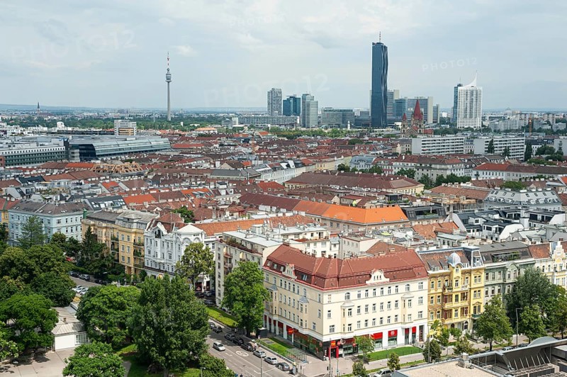 16.06.2019, Vienna, Austria, Europe, View from the Vienna Prater Giant Ferris Wheel over the Stuwerviertel towards Donaucity with the DC Tower I in the background, Europe