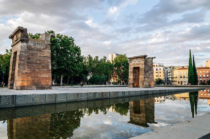 Madrid, Spain, September 27, 2014: Sunset on Temple of Debod. Temple of Debod. It is an Egyptian temple dating back to the 2nd century BC. The temple was donated to Spain by the Egyptian government, Europe