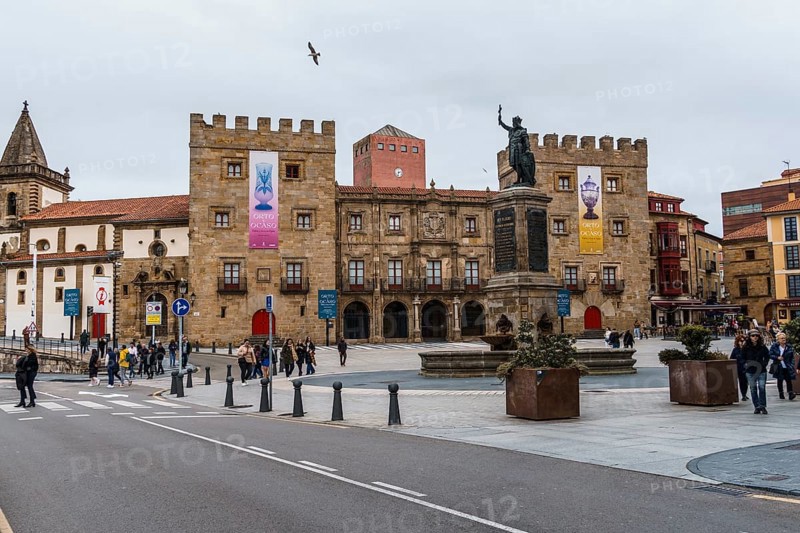 Gijon, Spain, March 28, 2024: Square or Plazuela of Marques in central Gijon near the old harbour. Palace of Revillagigedo, Europe