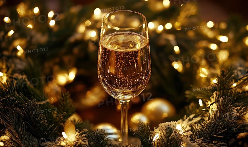A glass of champagne is in a wreath of Christmas lights. Scene is festive and celebratory AI generated