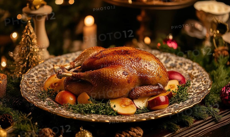 A large roasted turkey is on a plate with apples and herbs. The turkey is surrounded by a green leafy garnish and a few apples. Concept of warmth and comfort, as it is a traditional holiday meal AI generated