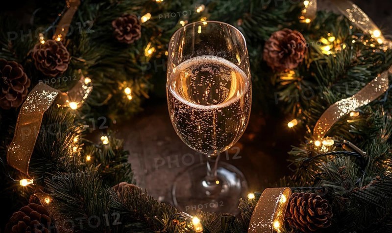 A glass of champagne is sitting in a wreath of pine needles. The wreath is lit up with Christmas lights, creating a festive atmosphere AI generated