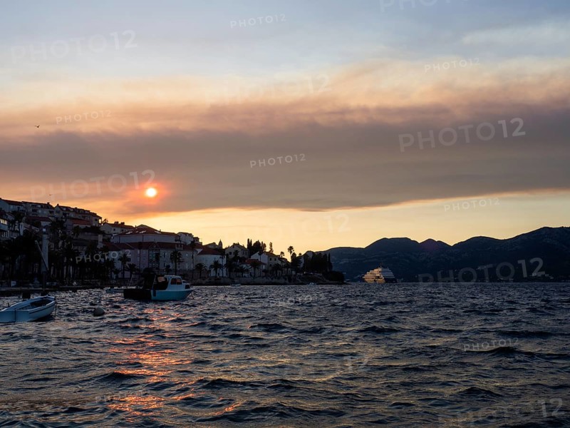Evening atmosphere in front of sunset, Korcula harbour, Korcula island, Dalmatia, Croatia, Europe