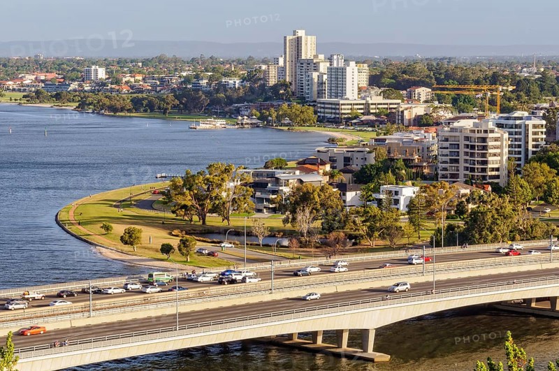 Narrows Bridge, Swan River and South Perth Esplanade photographed from Kings Park, Perth, WA, Australia, Oceania