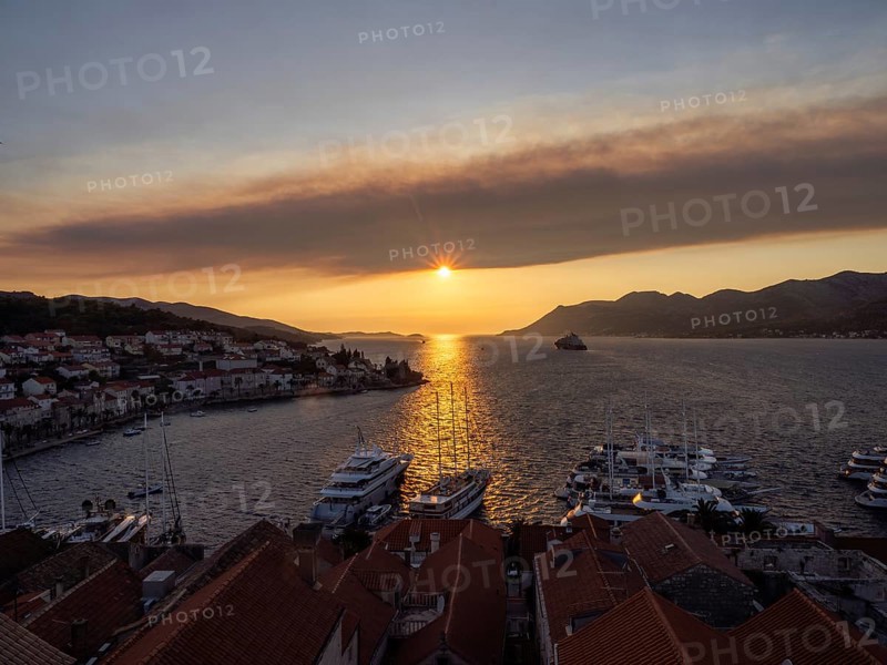 Evening atmosphere in front of sunset, view from the bell tower, Korcula harbour, Korcula island, Dalmatia, Croatia, Europe