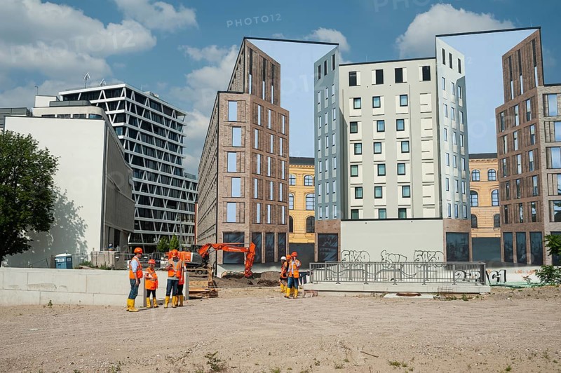 11.06.2019, Berlin, Germany, Europe, Building plot for commercial buildings with painted façade along Heidestrasse in Europacity in Berlin-Moabit, Europe