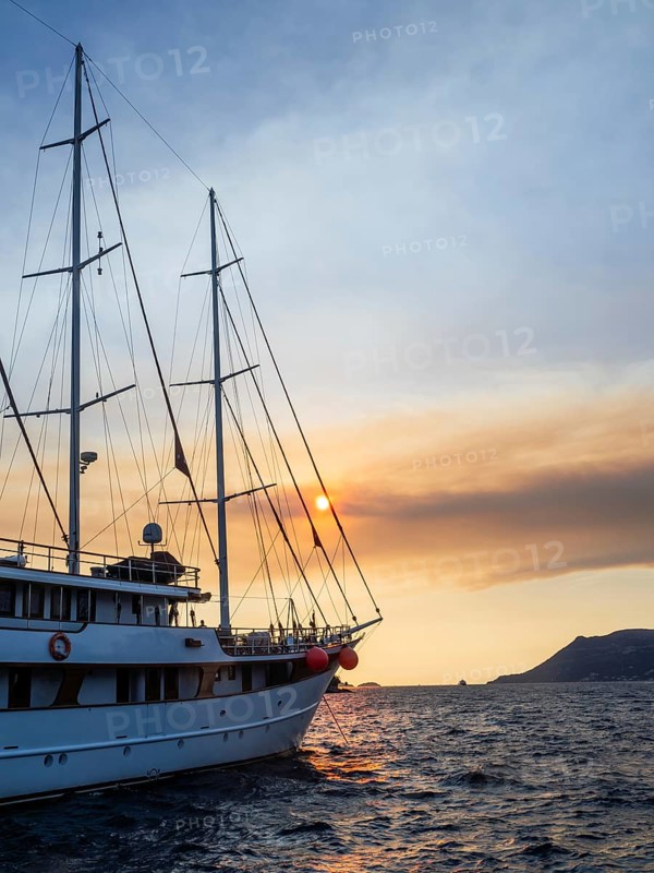 Evening atmosphere in front of sunset, sailing yacht, harbour of Korcula, island of Korcula, Dalmatia, Croatia, Europe