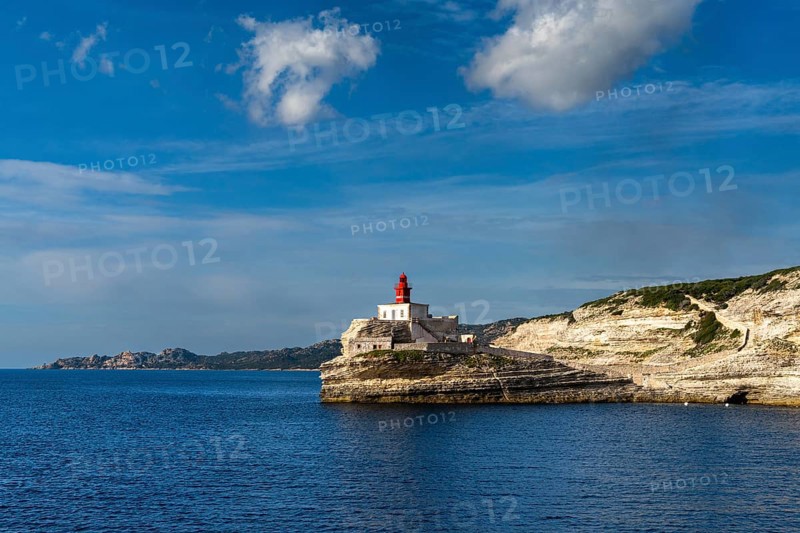 A view of the cliffs of Bonifacio and the Madonetta lighthouse at the harbor entrance