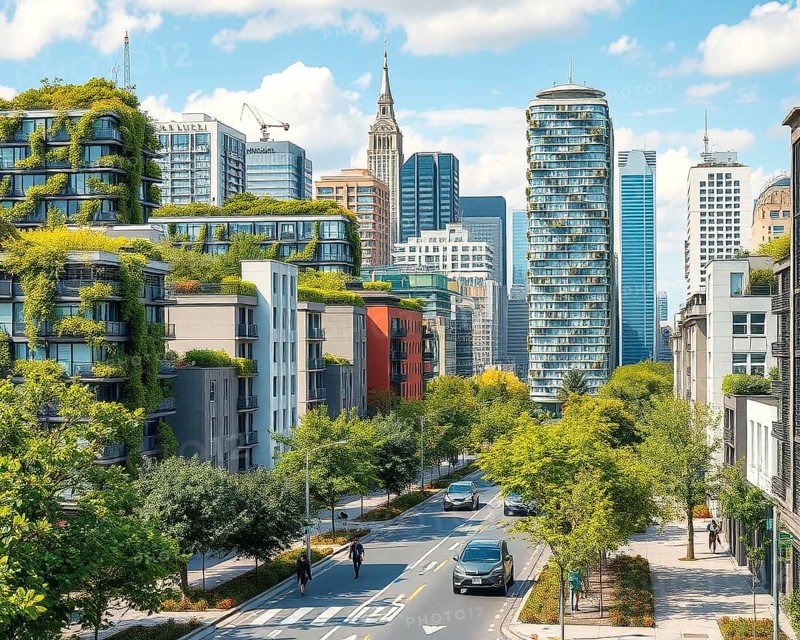 A modern city skyline with green roofs and vertical gardens on high-rise buildings. People walk or cycle along tree-lined streets, with electric cars and public transport visible. The focus is on sustainable urban development, eco-friendly living and reducing the ecological footprint of urban life, AI generated, AI generated