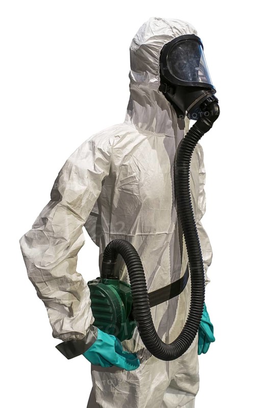 Personal Protective Equipment, PPE protective clothing with respirator with FFP3 filter for asbestos removal against white background