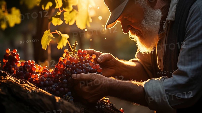 Weathered vintner inspects his wine grape harvest in the vineyard. generative AI