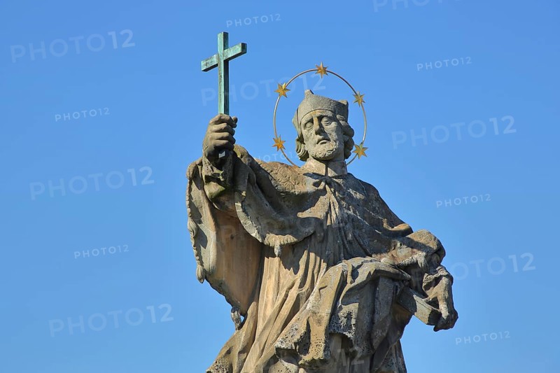Sculpture Saint John Nepomuk holding up cross in hand, arm, figure, detail, halo, Old Main Bridge, Würzburg, Lower Franconia, Franconia, Bavaria, Germany, Europe