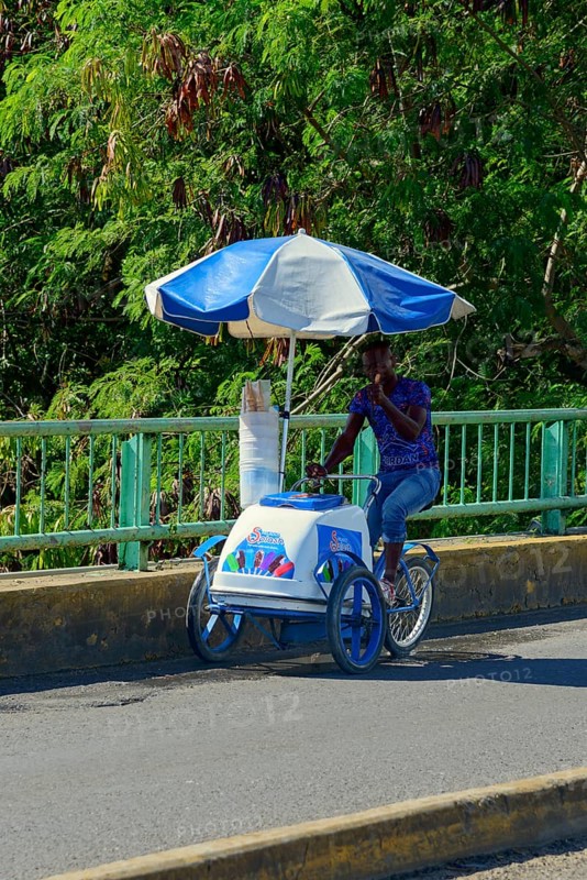 A street vendor selling ice cream rides his bicycle under a blue umbrella in a tropical neighbourhood, La Romana, Dominican Republic, Hispaniola, Caribbean, Central America