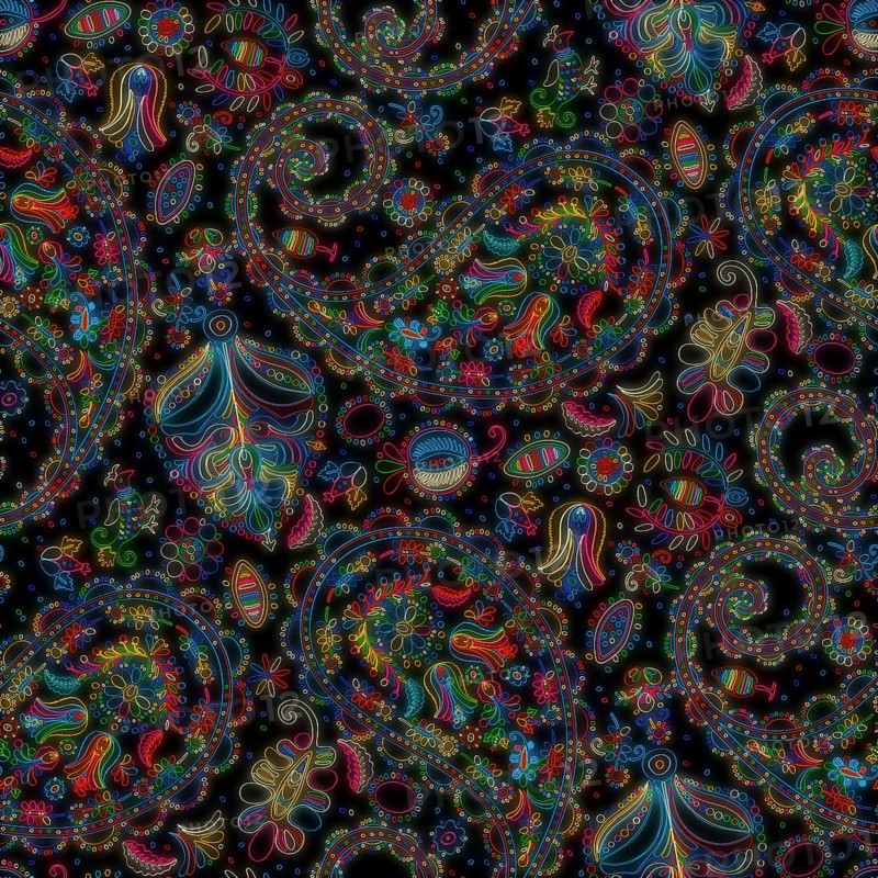 Beautiful paisley repeating pattern with floral motif in colors over black