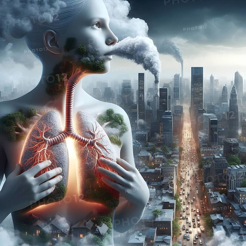 Air Pollution city and people suffers lung disease. Industrial pollution. Industrial smoke. Human lungs. AI generated
