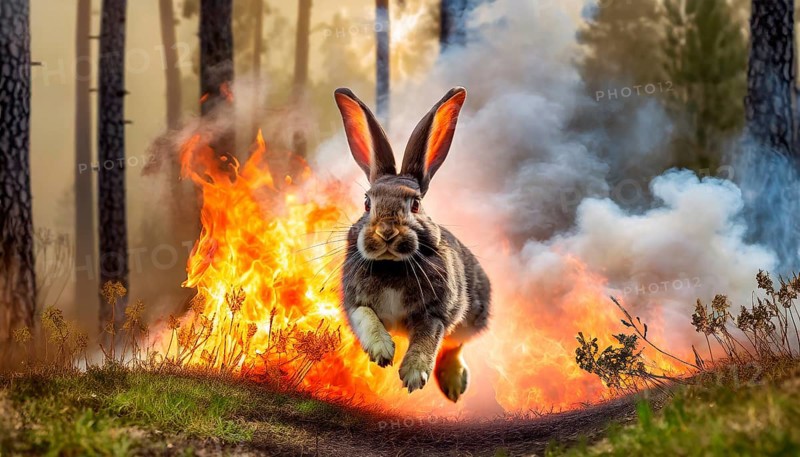 Climate change, global warming, environmental catastrophe, a hare flees in great leaps from a forest fire, AI generated