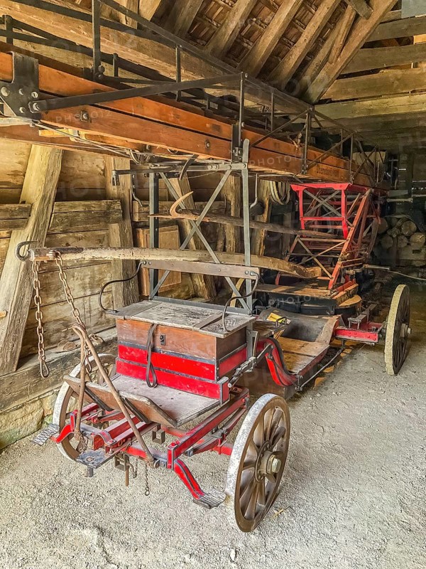 Historic fire engine for horse-drawn carriage from the early 20th century with turntable ladder, Open Air Museum Neuhausen, Neuhausen ob Eck, Baden-Württemberg, Germany, Europe