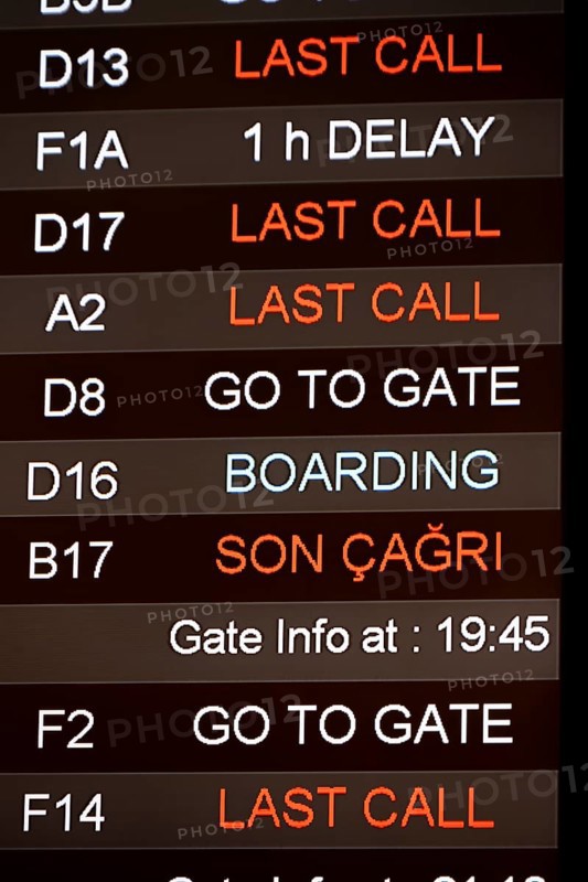 Last call, check-in, departure board with departure schedule in different languages, gates at Istanbul Airport, Istanbul, Turkey, Asia