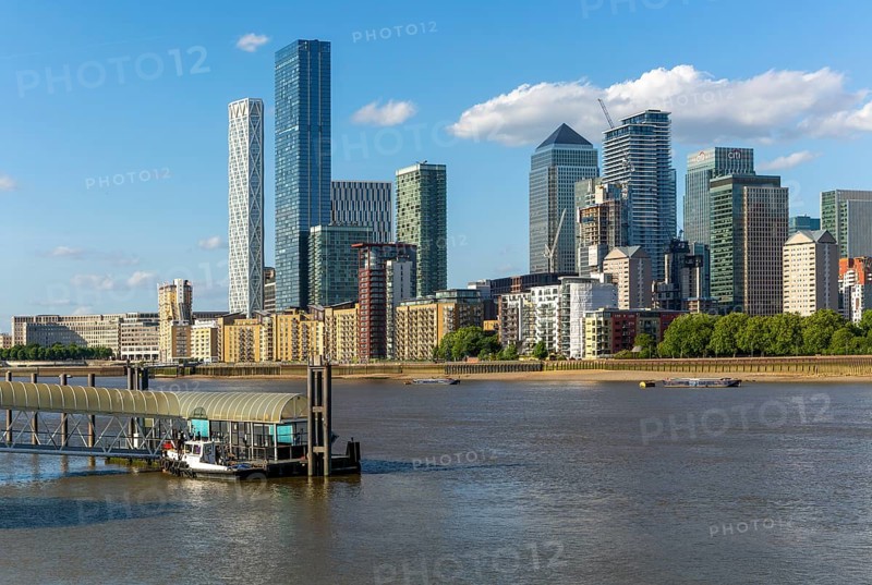 High rise buildings, Canary Wharf, Docklands, London, England, UK Greenland, Surrey Quays, Uber water bus pier