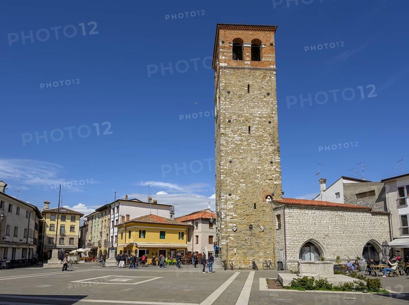 Main square with Torre Millenaria, Marano Lagunare, province of Udine, Italy, Europe
