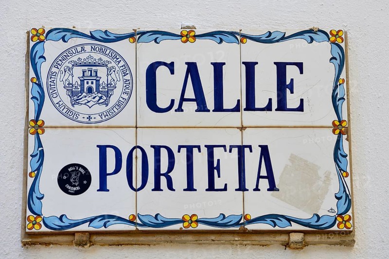 Street sign in the old town of Peñíscola, Castellón province, Costa del Azahar, Valencia region, Spain, Europe