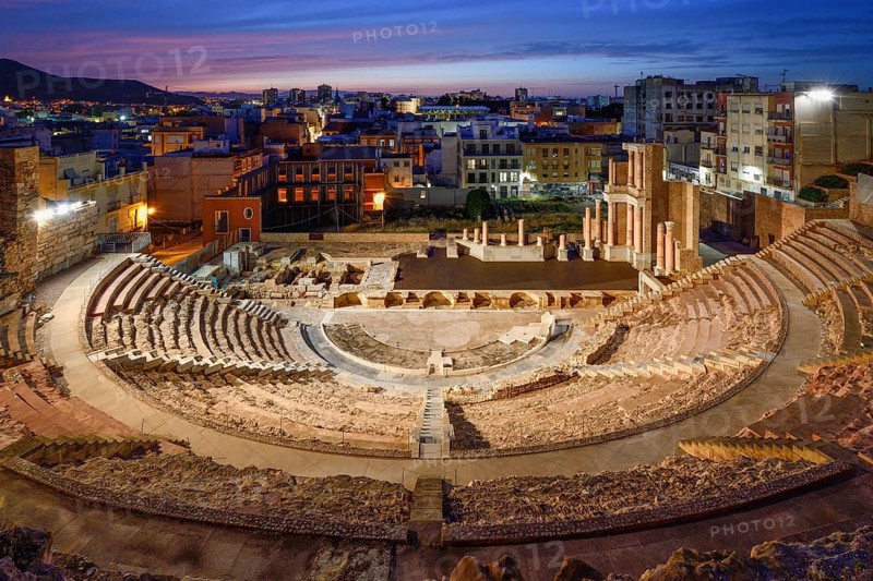 Teatro Romano, blue hour, Roman amphitheater, in the old town of Cartagena, Murcia region, Spain, Europe