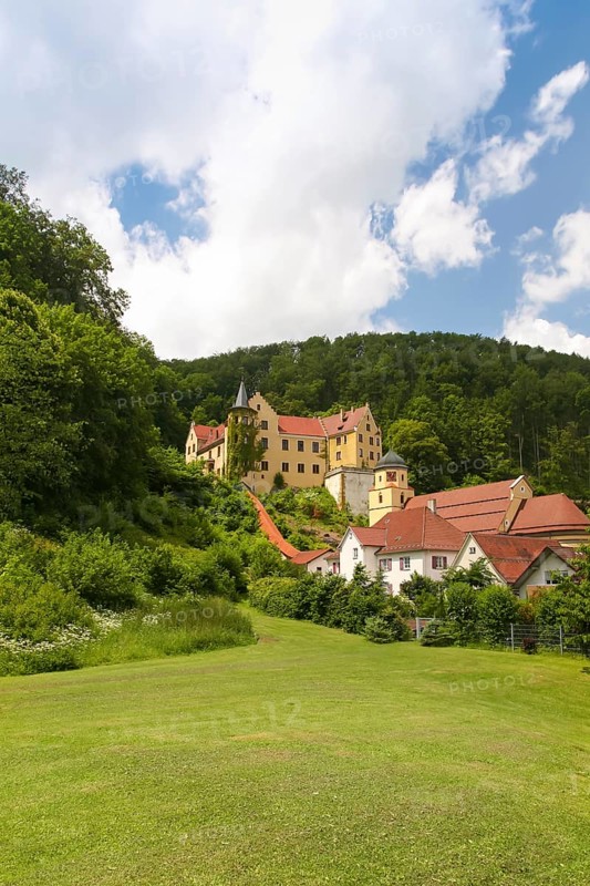 Weißenstein Castle, historical building, architecture, covered church, parish church, Assumption of the Virgin Mary, cherry, sacred building, lawn, meadow, bushes, trees, clouds, Lauterstein, Baden-Württemberg, Germany, Europe