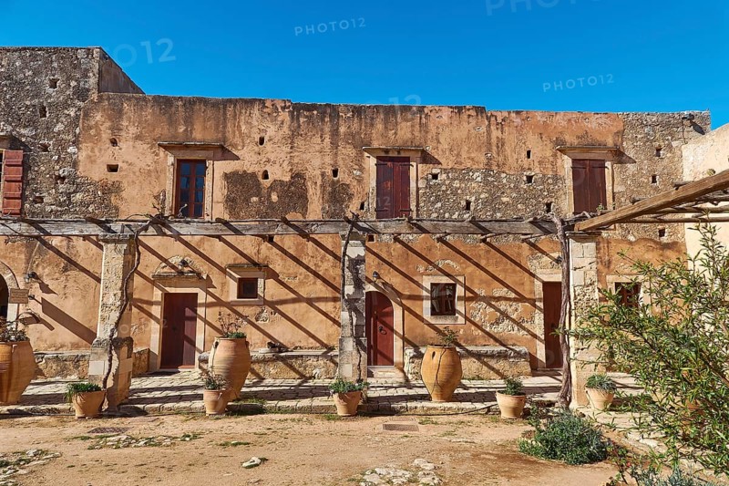Residential building, doors, windows, vine arbour, Pithoi, Arkadi, Orthodox Monastery, National Monument, Rethimnon Province, Crete, Greece, Europe