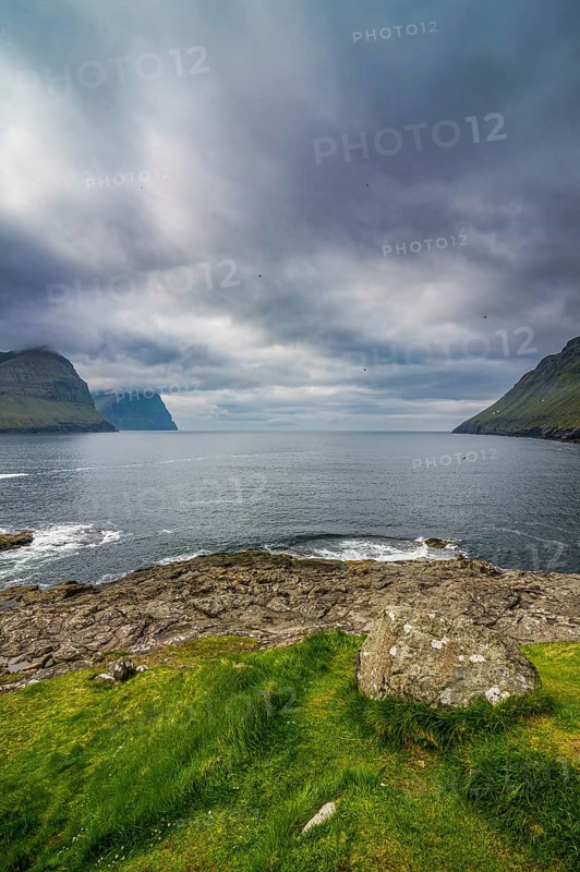 Huge fjord landscape in Vidoy, Faroe islands, Denmark, Europe
