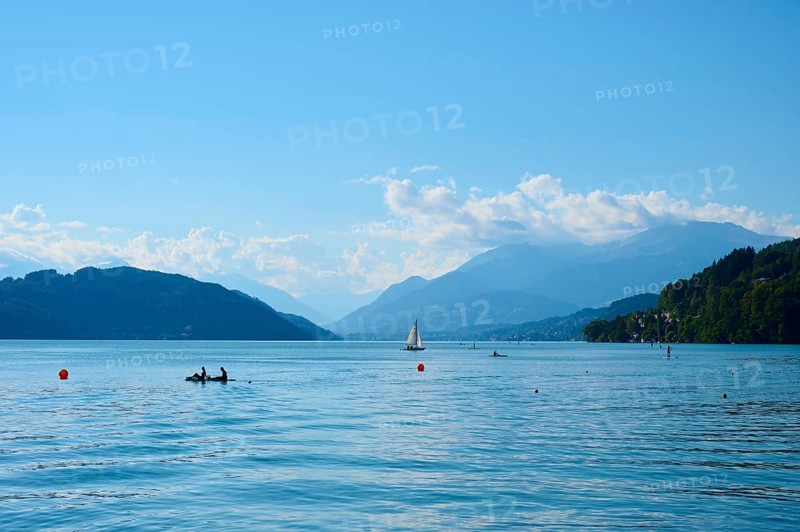 Lake, mountains, boats, standup paddlers, summer, Lake Millstatt, Döbriach, Carinthia, Austria, Europe