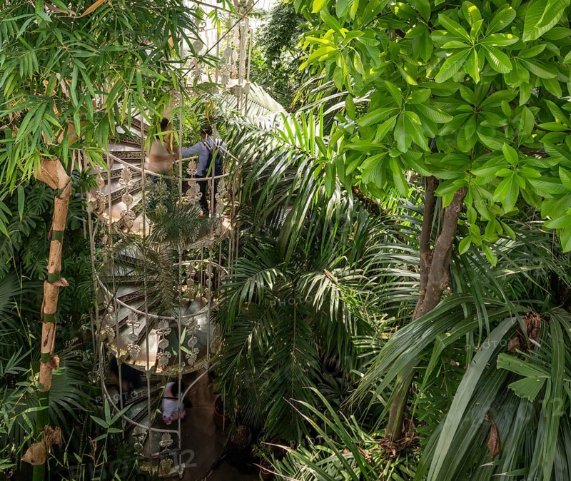 Cast-iron spiral staircase, Palm House, oldest Victorian greenhouse in the world, Royal Botanic Gardens, Kew, London, England, Great Britain