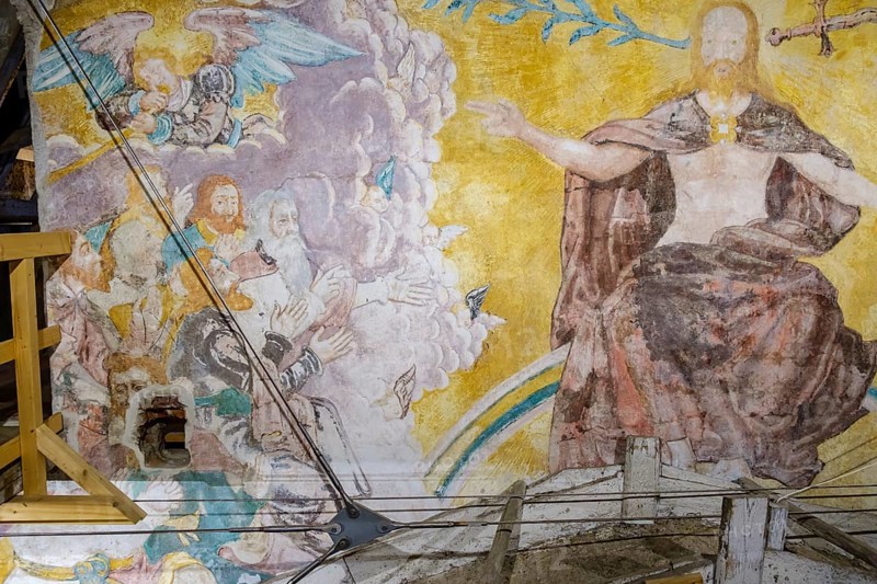 Last Judgement, secco painting from 1587 and restored in 2017, in the attic of the Martinskirche in Memmingen im Unterallgäu, Swabia, Bavaria, Germany, Europe, condition 8 June 2022, Europe