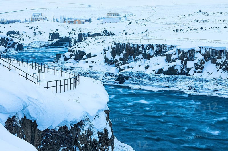 Secured viewing platform above the river Skialfandaljot, near the waterfall Godafoss, Northern Iceland Eyestra, Iceland, Europe