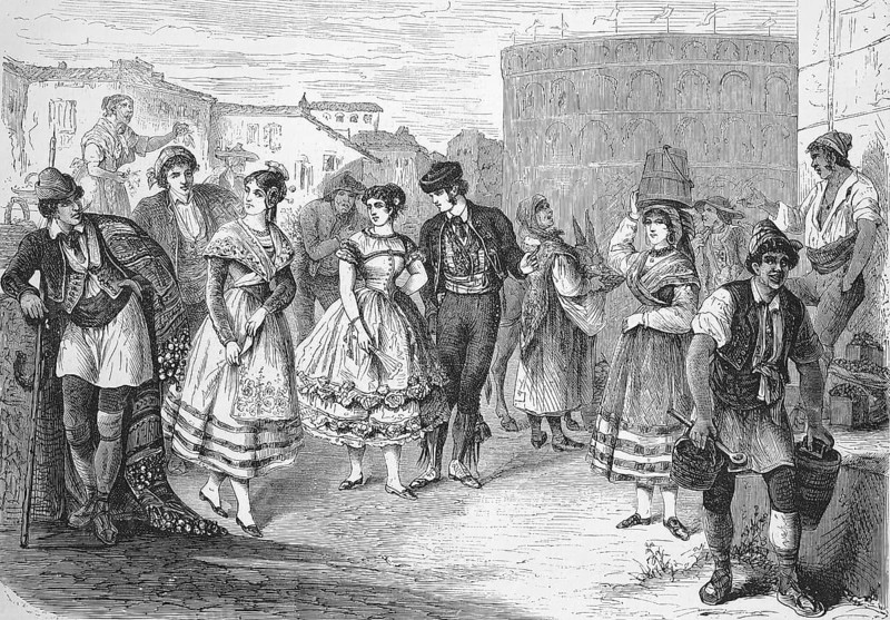 Citizens in Spain in typical dress around 1870, from left, Murca, Aragon, Valencia, Andalusia, Castilla, Asturias, Historic, digitally restored reproduction of an original 19th century artwork, exact original date unknown