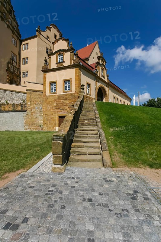 Kapfenburg Castle, architecture, historical building, castle of the Teutonic Order, former castle of the Teutonic Order, today cultural centre, international music academy, museum, staircase, Lauchheim, Ostalbkreis, Baden-Württemberg, Germany, Europe