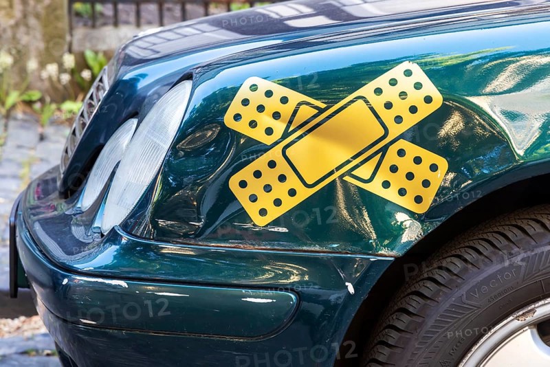 Fender bender on a Mercedes, plaster instead of repair, Alsfeld, Knüllgebirge, Hesse, Germany, Europe