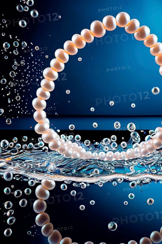 Pearl necklace in the water with splashes, drops and reflections, AI generated