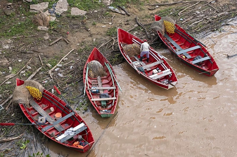 Little red wooden fishing boats on the shore of the Rio Paraná, Parana River near the city Resistencia, Chaco Province in north-eastern Argentina