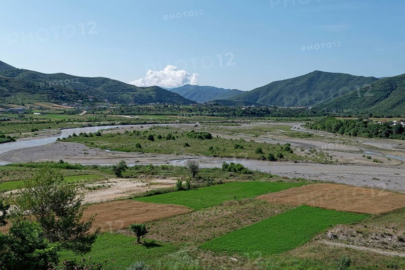 The Osum Valley near Berat in the mountain landscape around the Tomorr Massif in Tomorr National Park, also Tomorri National Park. Berat, Albania, Southeast Europe, Europe