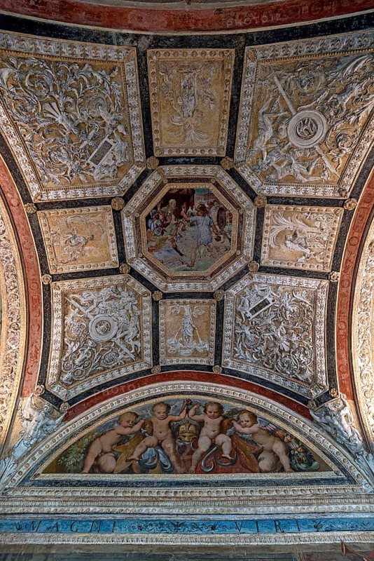 Vaulted ceiling with frescoes in a hall of the Villa del Principe, Palazzo di Andrea Doria, Piazza dei Principe, Genoa. Italy