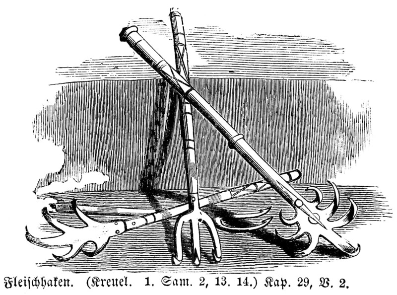 Meat hook, hooks, tools, Bible, Old Testament, First Book of Chronicles, Chapter 29, Verse 2, historical illustration c. 1850