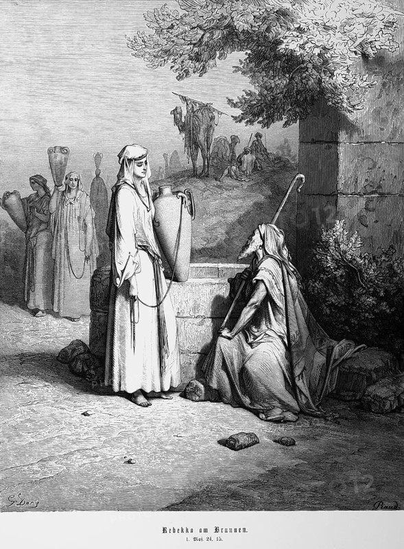 Bible, Rebekah at the well, Genesis 1, 24, 15, people, woman, drawing water, jug, robe, old man, staff, camel, hill, landscape, Moses, Old Testament, historical illustration 1885