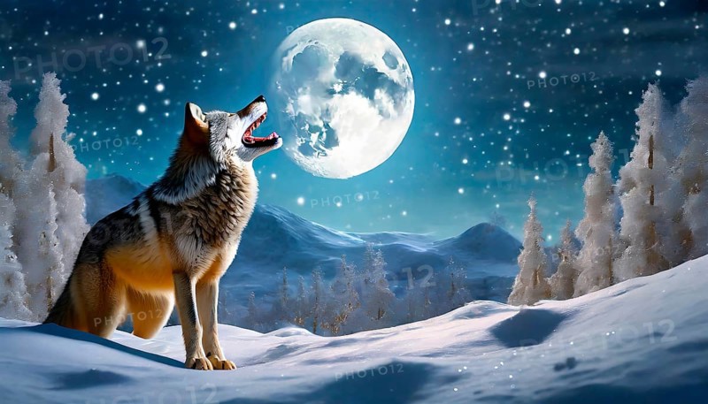 A wolf in a winter landscape howls at the full moon, AI generated